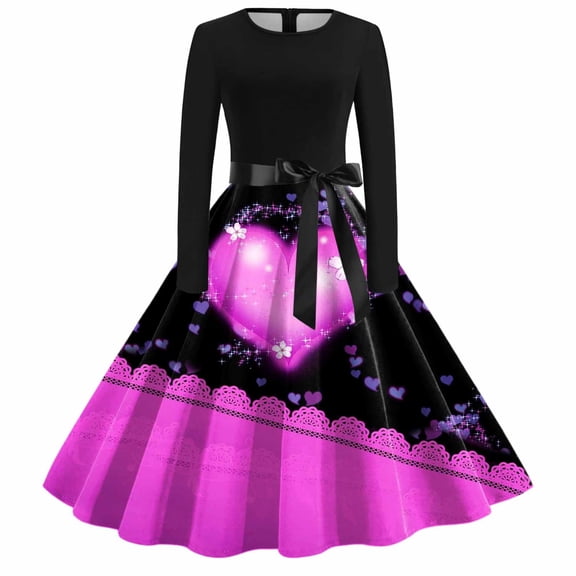 Long Sleeve Dresses for Women Casual Round Neck Valentine Printed Dress for Everyday Wear Comfortable Outfits Plus Size Dresses Purple L