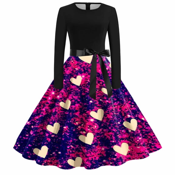Long Sleeve Dresses for Women Casual Round Neck Valentine Printed Dress for Everyday Wear Comfortable Outfits Womens Fall Dresses Hot Pink M