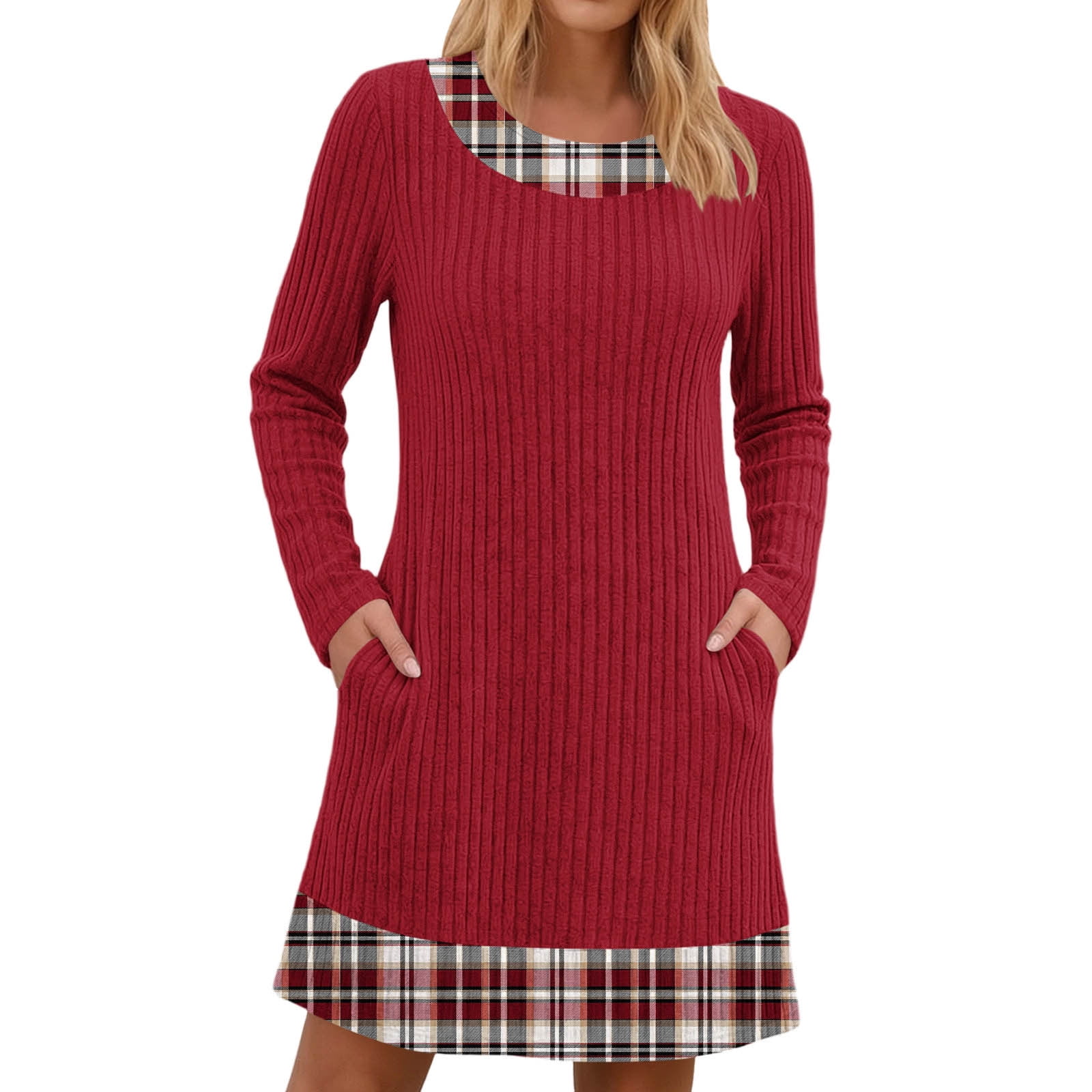 46 Rond Jacket Man Long Sleeve Dresses for Women Contrast Knitted Ribbed Round Neck A-Line ...