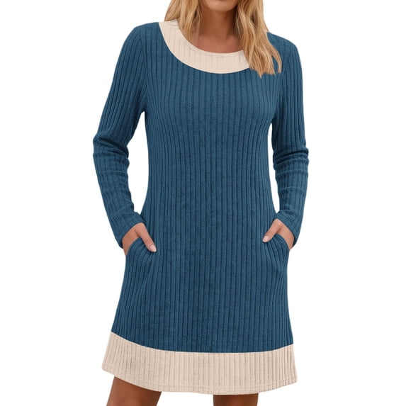 Long Sleeve Dresses for Women Contrast Knitted Ribbed Round Neck A-Line ...