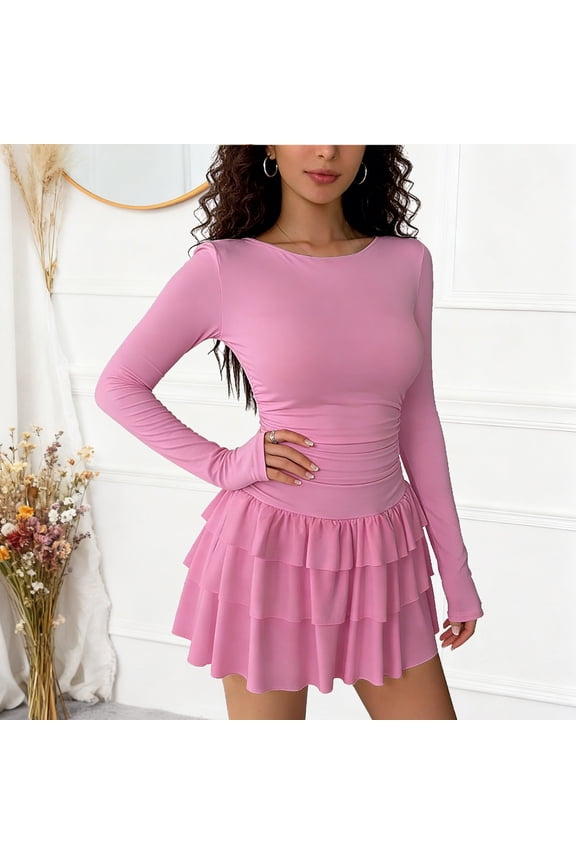 Long Sleeve Dresses for Women Crewneck Slim Fit Y2K Ruched Layered Bodycon Cocktail Party Club Mini Bubble Dress