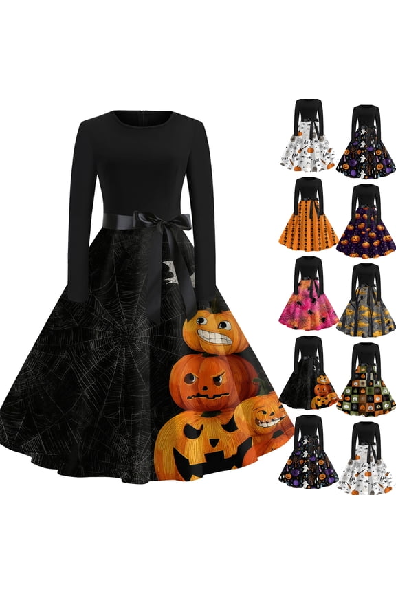 Long Sleeve Dresses for Women Fall Crew Neck Party Hem Dress Casual Vintage Halloween Stacked Jack O Lantern Printed Swing Dress Gray M