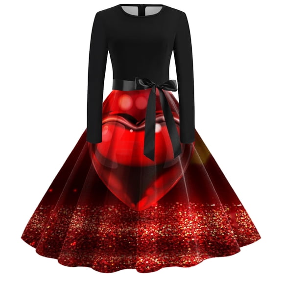 Long Sleeve Dresses for Women Round Neck Dress with Beautiful Valentine Print Casual Comfort Party Outfits Long Dresses for Women Red S
