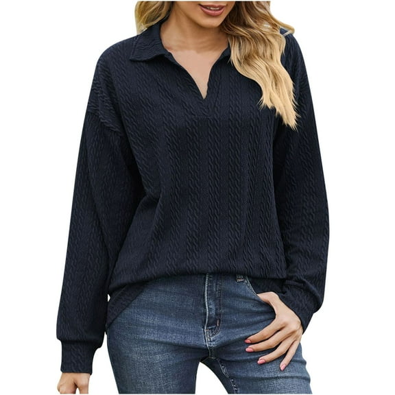Long Sleeve Dressy Casual Tops Ladies with Collar V Neck Pullover Lightweight Textured Plain Shirt Loose Fit (Large, Navy)