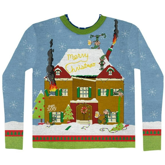 Adult's Funny Faux Ugly Christmas Sweater Elves Gone Wild Shirt Large 42-44