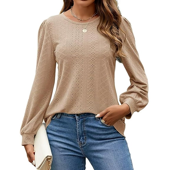 Long Sleeve Eyelet Tops for Women 2025 Spring Fall Crew Neck Shirts Casual Loose Blouse Trend Outfits Clothes Khaki M