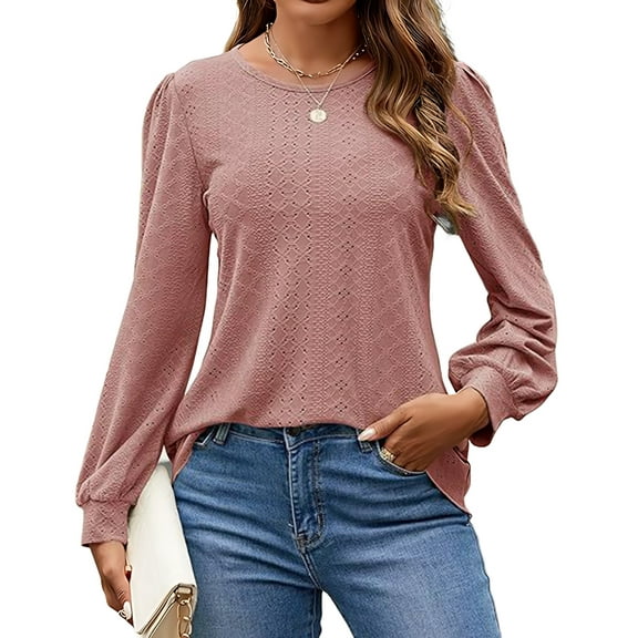Long Sleeve Eyelet Tops for Women 2025 Spring Fall Crew Neck Shirts Casual Loose Blouse Trend Outfits Clothes Pink L