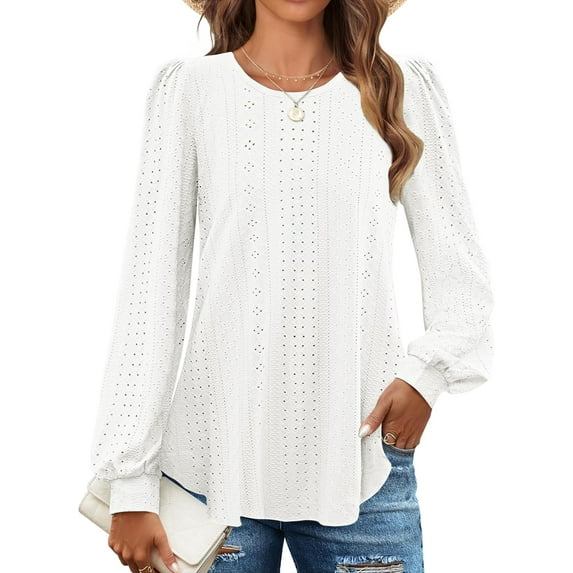 Long Sleeve Eyelet Tops for Womens Crew Neck Fall Shirts Casual Loose Blouses 2024 Trendy Clothes