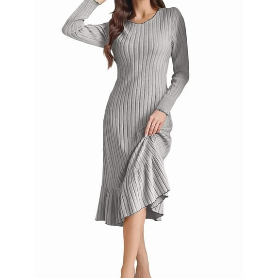 Long Sleeve Fall Dress for Women Casual Crew Neck Midi Long Ribbed Knit Ruffle Swing Maxi Dress Light Gray XL