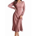 thumbnail image 1 of Long Sleeve Fall Dress for Women Casual Crew Neck Midi Long Ribbed Knit Ruffle Swing Maxi Dress Lotus Root Color XXL, 1 of 7