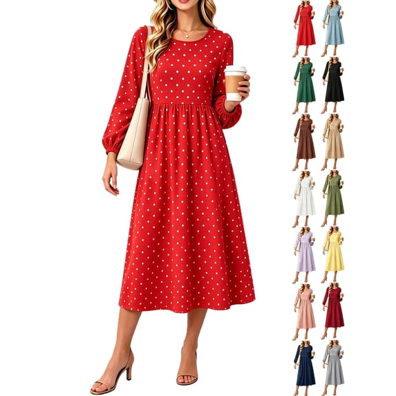 Long Sleeve Fall Dresses for Women Polka Dot Dress - High Waist A-Line Swing Midi Dress with Puff Sleeves, Casual Fall Spring Dress