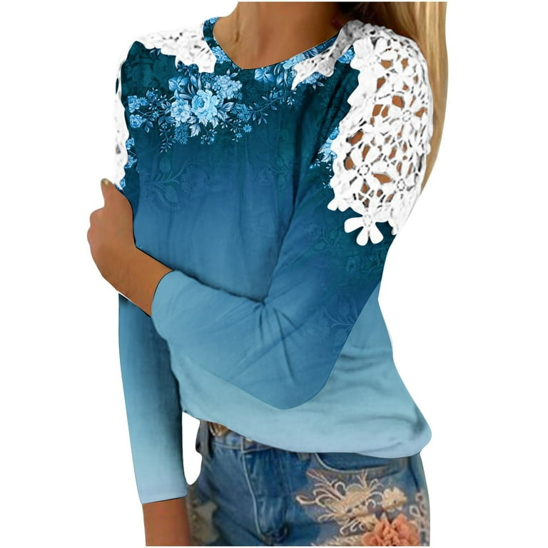 Long Sleeve Fall Top Womens Fashion Floral Print Lace Patchwork Gradient Color Crewneck Tee Casual T shirts Blouse Small Blue