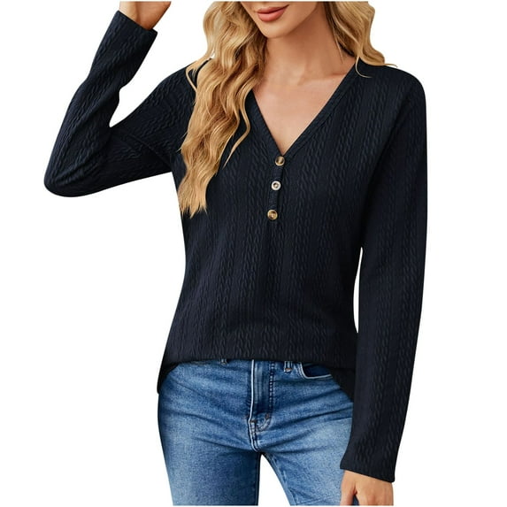Long Sleeve Fall Tops Plus Size V Neck Button Loose Long Sleeve T shirt