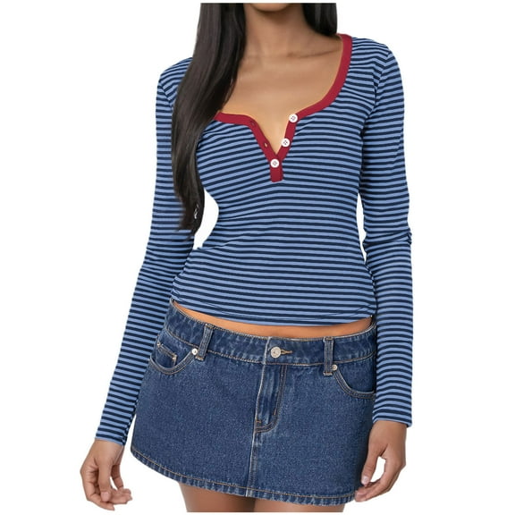 Long Sleeve Fall Tops Womens Button V Neck Striped Tee Shirts Slim Fit Casual Pullover Trendy Y2k Clothes (L, Wine)