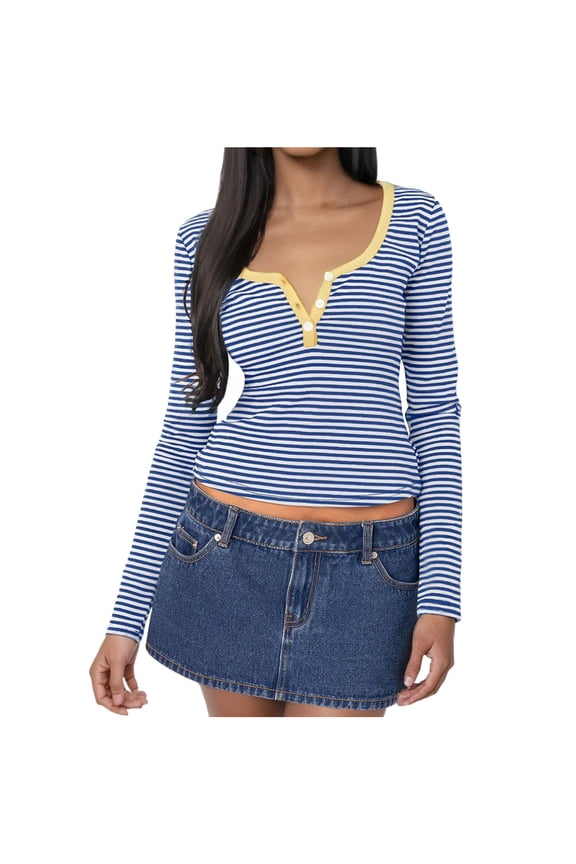 Long Sleeve Fall Tops Womens Button V Neck Striped Tee Shirts Slim Fit Casual Pullover Trendy Y2k Clothes (S, Yellow)