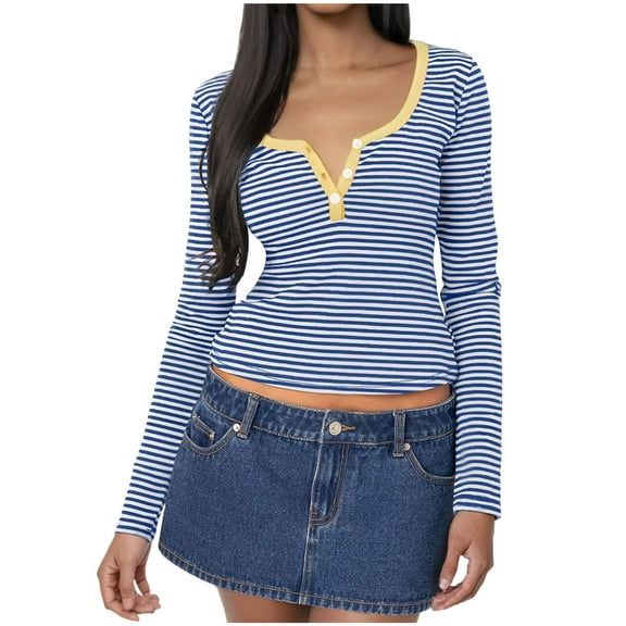 Long Sleeve Fall Tops Womens Button V Neck Striped Tee Shirts Slim Fit Casual Pullover Trendy Y2k Clothes (XL, Yellow)