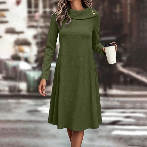 Long Sleeve Fall Winter Dresses for Women V Neck Button Down A Line Swing Casual Knit Sweater Dress Green M