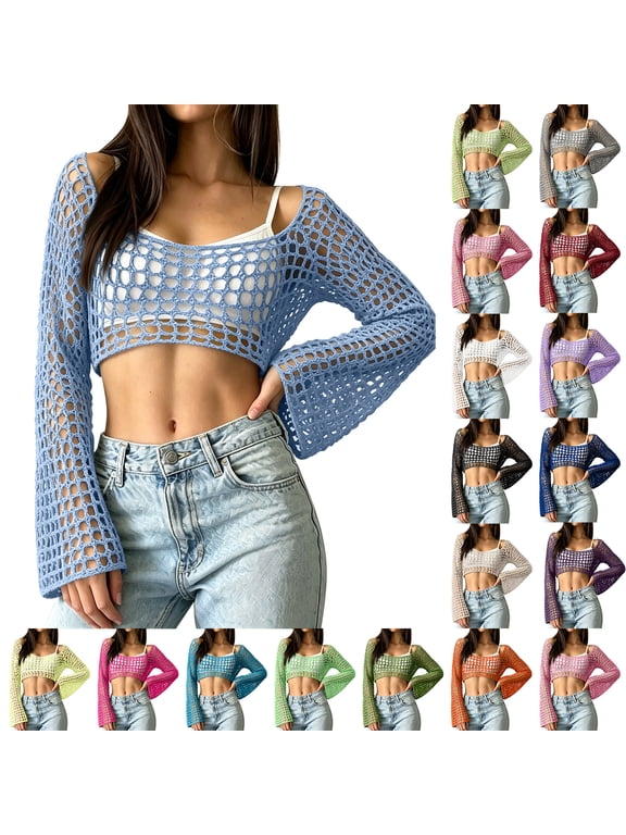 Long Sleeve Fishnet Crop Top Sheer See Through Cover Up