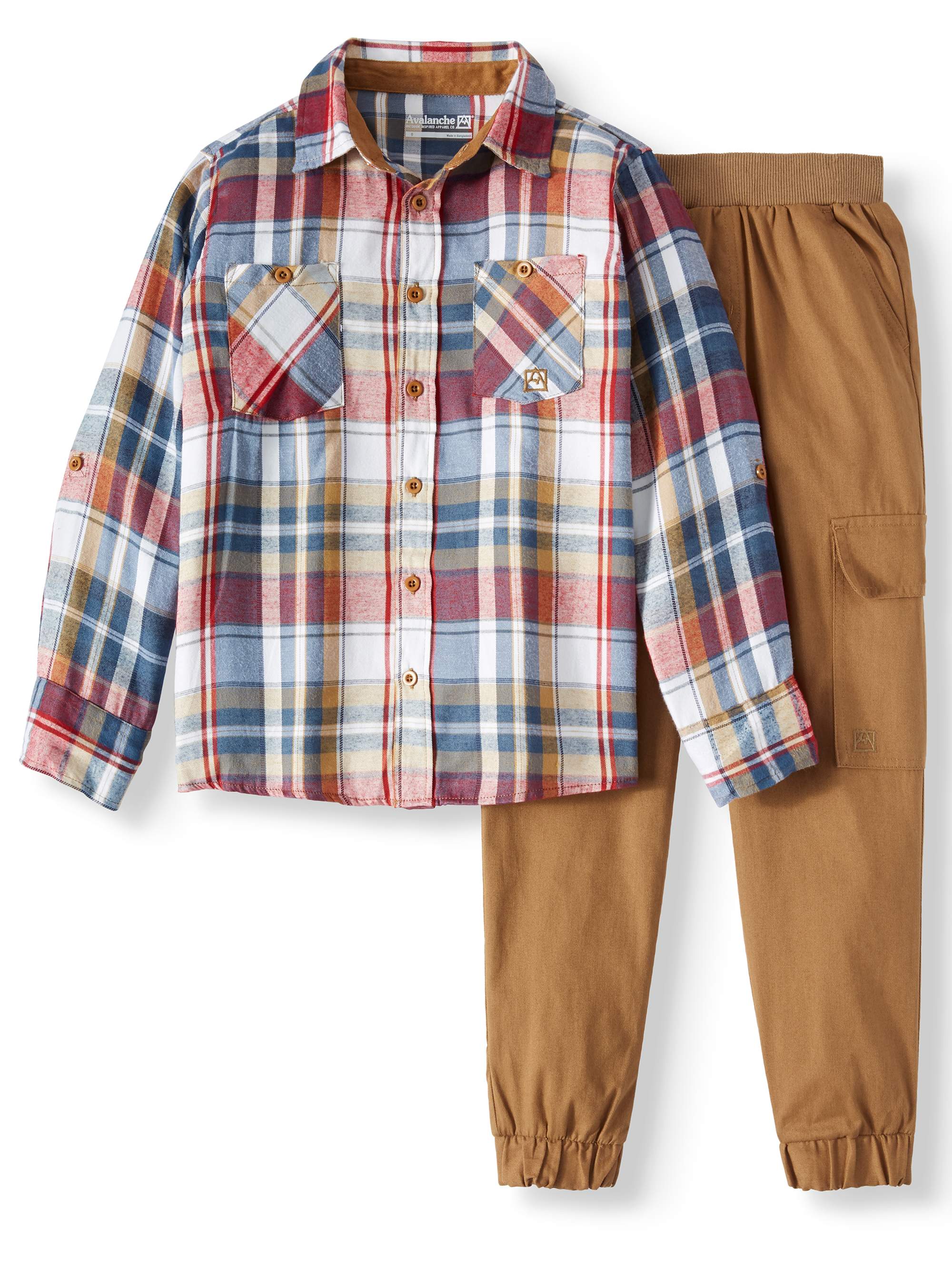 Long Sleeve Flannel Plaid Shirt with Twill Cargo Pants, 2-Piece Set (Little Boys & Big Boys) - image 1 of 3