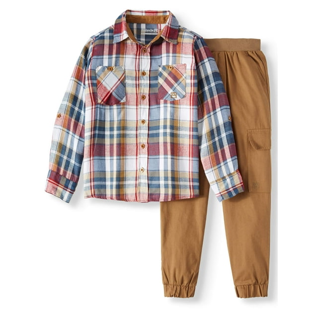 Long Sleeve Flannel Plaid Shirt with Twill Cargo Pants, 2-Piece Set (Little Boys & Big Boys)