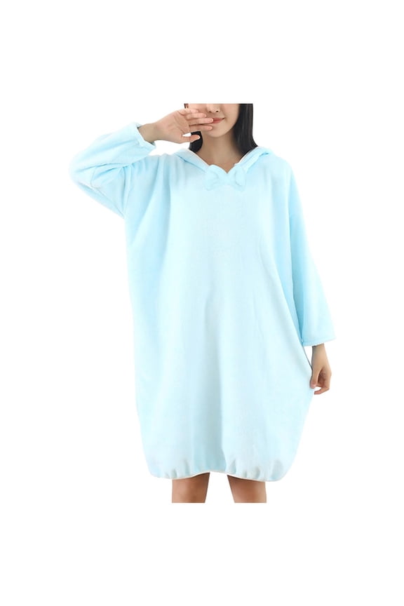 Long Sleeve Fleece Bathrobe for Women Oversized Thermal Hoodies Robe Cozy Quick-Drying Bath Bow Mid-Length Pullover Sleepwear Drop Shoulder Pajamas Soft Classic Homewear