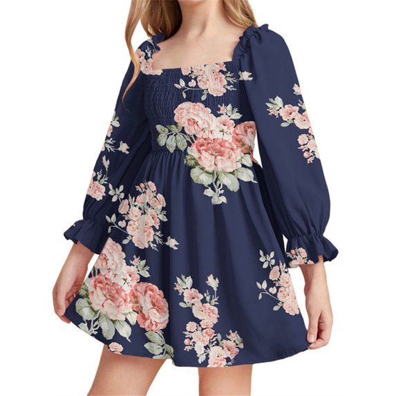 Long Sleeve Floral Print Square Neckline Kids Girls Dress
