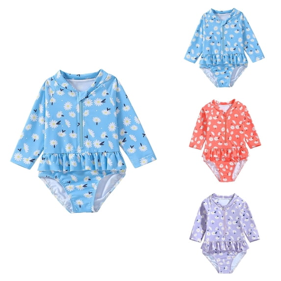 Long Sleeve Floral Ruffle One-Piece Baby Girl Swimsuit with Hat, Zipper Rash Guard Bathing Suit for Summer Beach Swimwear