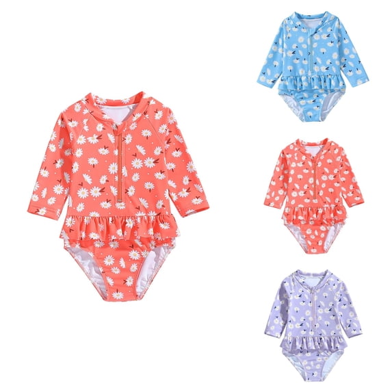 Long Sleeve Floral Ruffle One-Piece Baby Girl Swimsuit with Hat, Zipper Rash Guard Bathing Suit for Summer Beach Swimwear