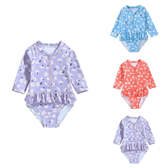 Long Sleeve Floral Ruffle One-Piece Baby Girl Swimsuit with Hat, Zipper Rash Guard Bathing Suit for Summer Beach Swimwear