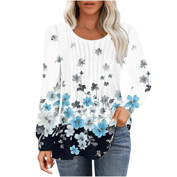 Long Sleeve Floral Tops for Women Fall Trendy 2025 Pleated Round Neck Graphic Tee Casual Polyester Cotton T Shirts (M, White)