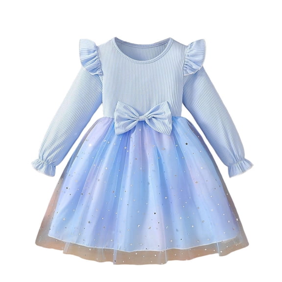 Long Sleeve Flower Girl Dress Cute Crewneck A Line Party Dresses Fashion Casual Tulle Dress with Bowknot Size 3-10