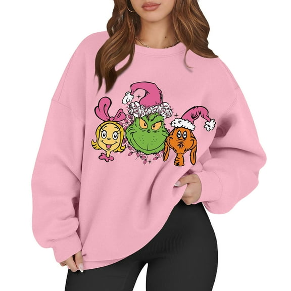 Long Sleeve Funny Cute Xmas Crewneck Pullover Ugly Christmas Sweatshirts for Women 6-Pink M