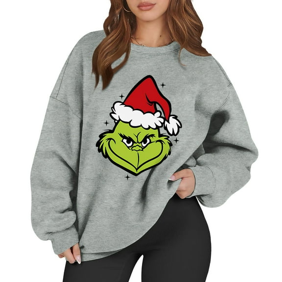 Long Sleeve Funny Cute Xmas Crewneck Pullover Vintage Christmas Sweatshirts for Women 8-Gray 2XL