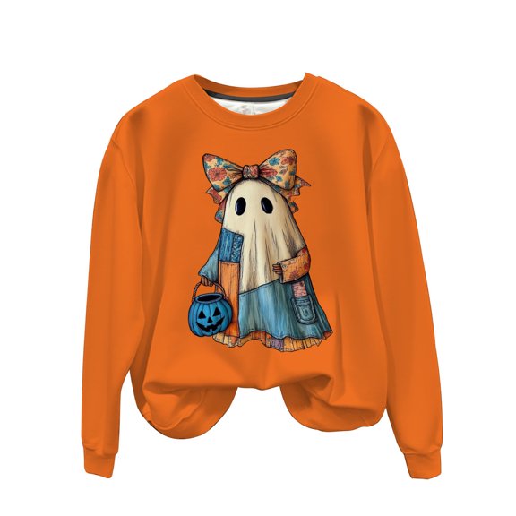 Long Sleeve Funny Sweatshirts for Women Crew Neck Halloween Sweatshirt Pumpkin Ghost Cute Graphic Sweater Tops Orange, 2XL