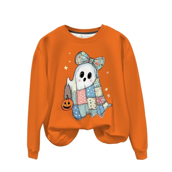 Long Sleeve Funny Sweatshirts for Women Crew Neck Halloween Sweatshirt Pumpkin Ghost Cute Graphic Sweater Tops Orange, 3XL