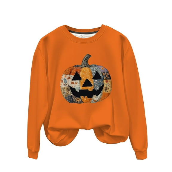 Long Sleeve Funny Sweatshirts for Women Crew Neck Halloween Sweatshirt Pumpkin Ghost Cute Graphic Sweater Tops Orange, S