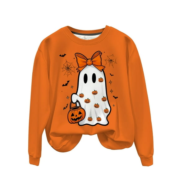 Long Sleeve Funny Sweatshirts for Women Crew Neck Halloween Sweatshirt Pumpkin Ghost Cute Graphic Sweater Tops Orange, XL