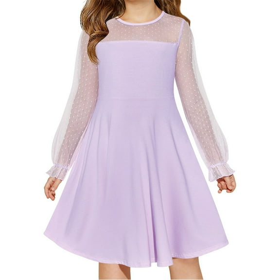 Long Sleeve Girls Mesh Patchwork Dress Kids Children Dots Print A-line Knee Dress for 4-14 Years