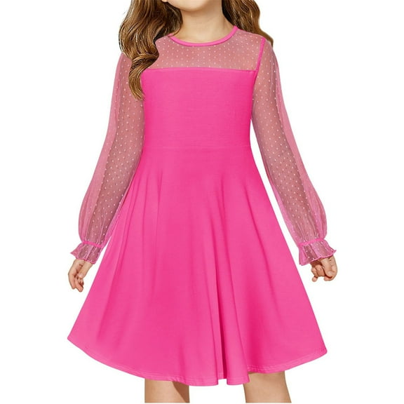 Long Sleeve Girls Mesh Patchwork Dress Kids Children Dots Print A-line Knee Dress for 4-14 Years