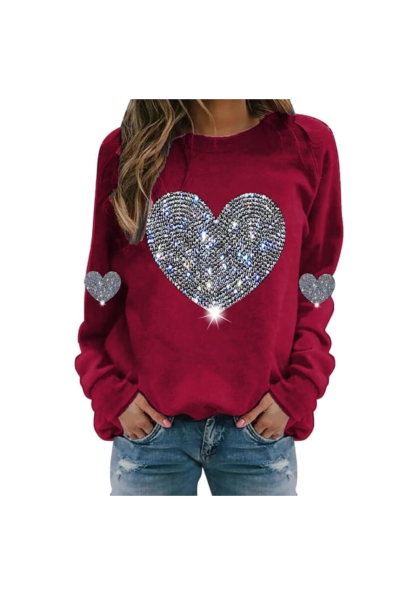 Long Sleeve Glitter Pullover Valentine's Day Sweatshirt for Women Women's Valentine's Day Heart Sequin Sweatshirt Heart Sequin Sweatshirt Pullover Sweatshirt Warmy Oversized Hoodie