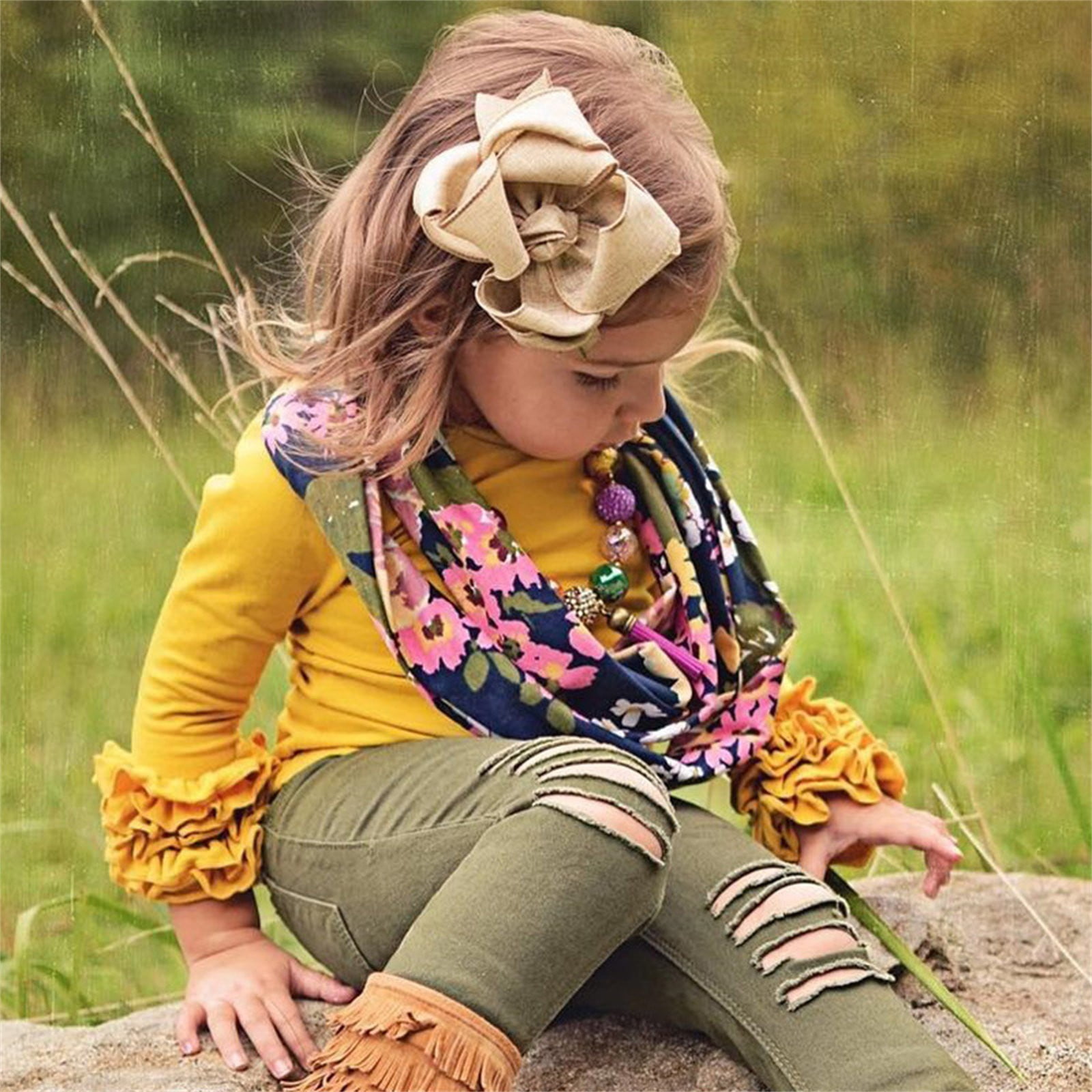 Long Sleeve Going Out Tops Shirts for Girls Yellow Toddler Girl Solid Color T Shirt With Bow