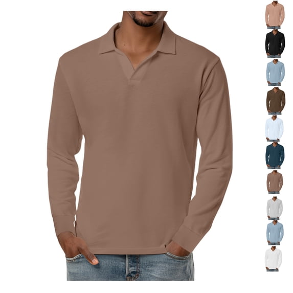 Long Sleeve Golf Shirt Men Mens Knit Shirts Notch Neck Breathable Soft Casual Lightweight Solid Color Tops