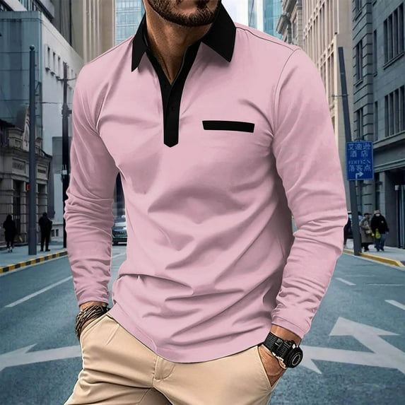 Long Sleeve Golf Shirts for Men Business Casual Button Collared T-Shirts Mens Pullover Color-Block Breathable Athletic Workout Tees Tops