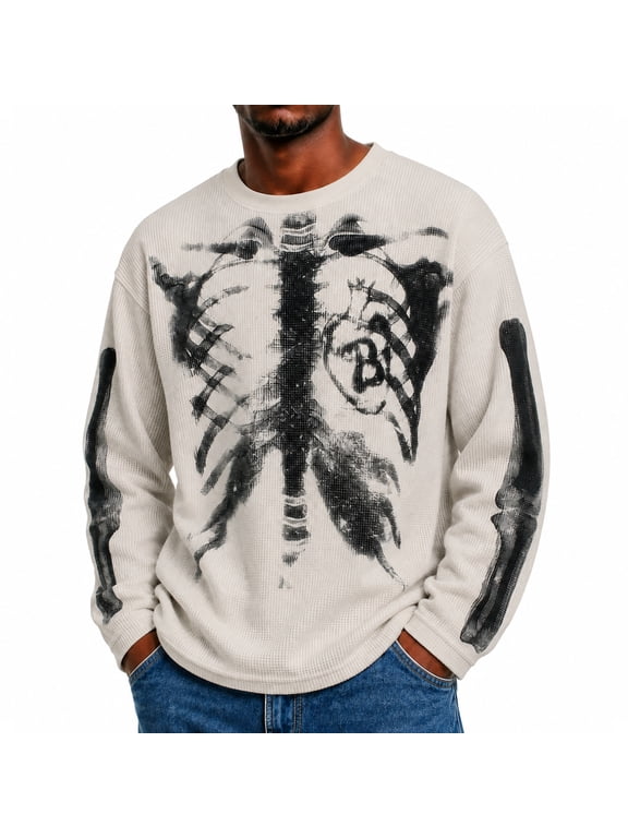 Long Sleeve Graphic Tee for Men Featuring Abstract Skeleton Print Crew Neck Styling and Loose Fit for Vintage Streetwear