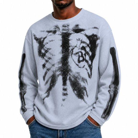 Long Sleeve Graphic Tee for Men Featuring Abstract Skeleton Print Crew Neck Styling and Loose Fit for Vintage Streetwear