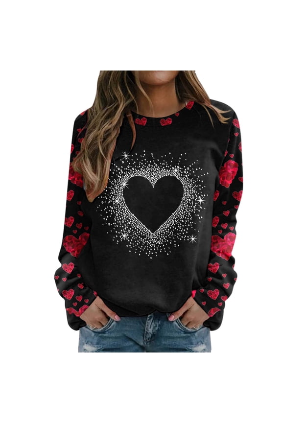 Long Sleeve Graphic Tees for Women Valentines Rose Heart Print Ladies Tee Round Neck Lightweight Tops Womens Tshirt Vintage Tees for Women Black M