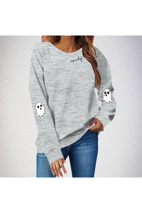 Long Sleeve Halloween Shirts for Women, Spooky Season Ghost Print Sweatshirts for Women, Polyester Long Sleeve Halloween Shirts for Women Casual Halloween Tops, Gray S