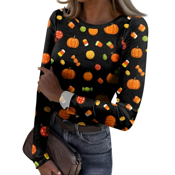 Long Sleeve Halloween Shirts for Women Cute Pumpkin Casual Knit Tops Slim Fitted Pullover Tee