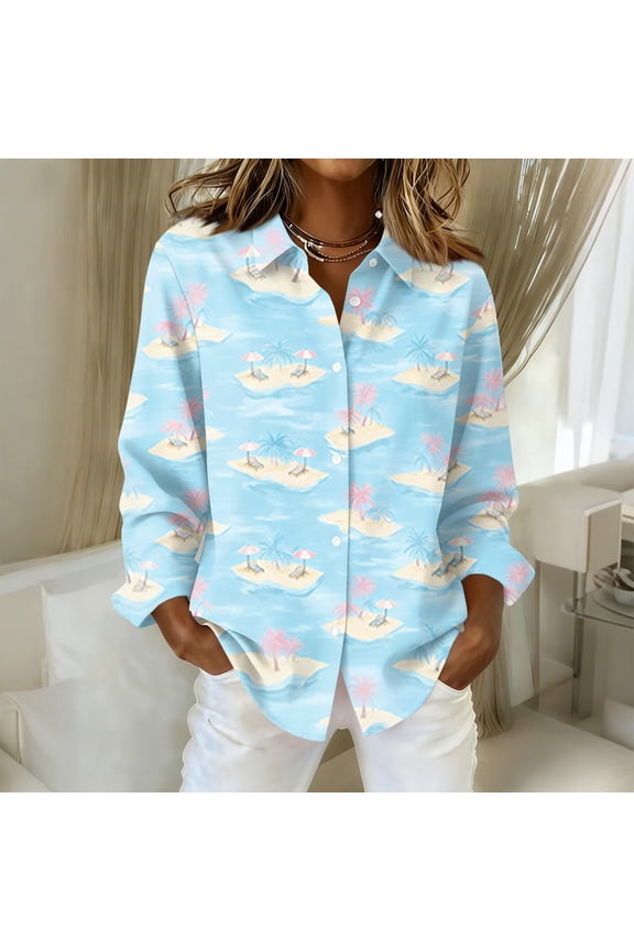 Long Sleeve Hawaiian Shirts for Women Tropical Floral Print Button Down Casual Beach Vacation Tunic Top 2026 Blue L