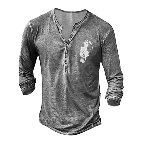 Long Sleeve Henley Shirt For Men Solid Color Retro Breathable Loose Quarter Button Polo Shirt Summer Lightweight Classic Basic Tee Grey XXXL
